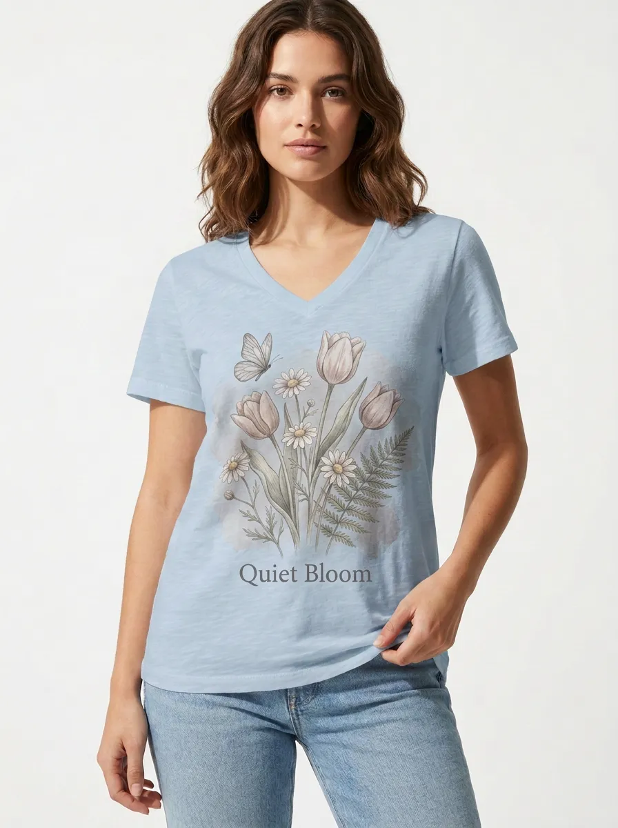 Women's Nature Lover Quiet Bloom Tulip Daisy Butterfly Printed V-neck T-shirt