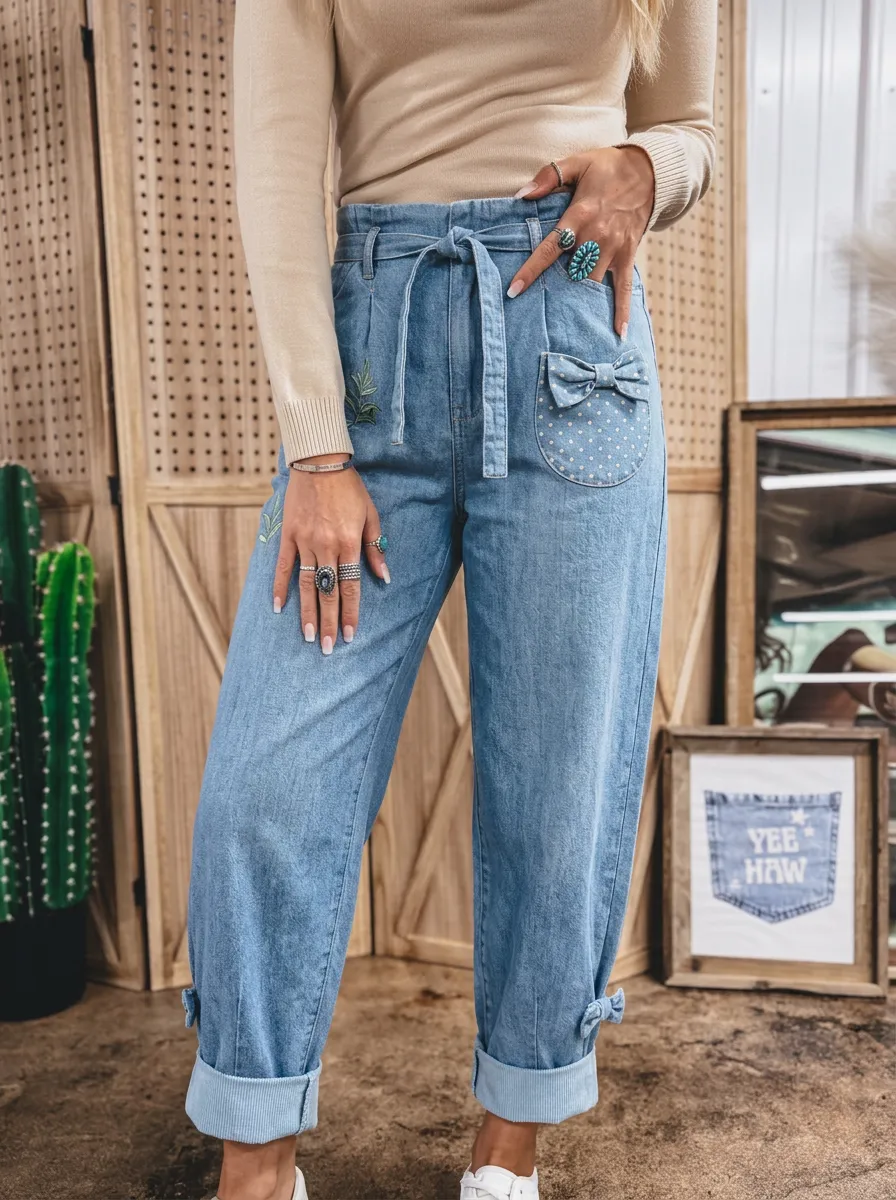 Women's Western Cowgirl Polka Dot Bow Printed Denim Pants