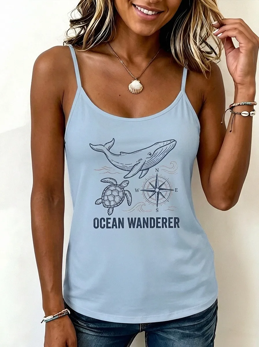 Women's Ocean Wanderer Whale Turtle Compass Printed Tank Top