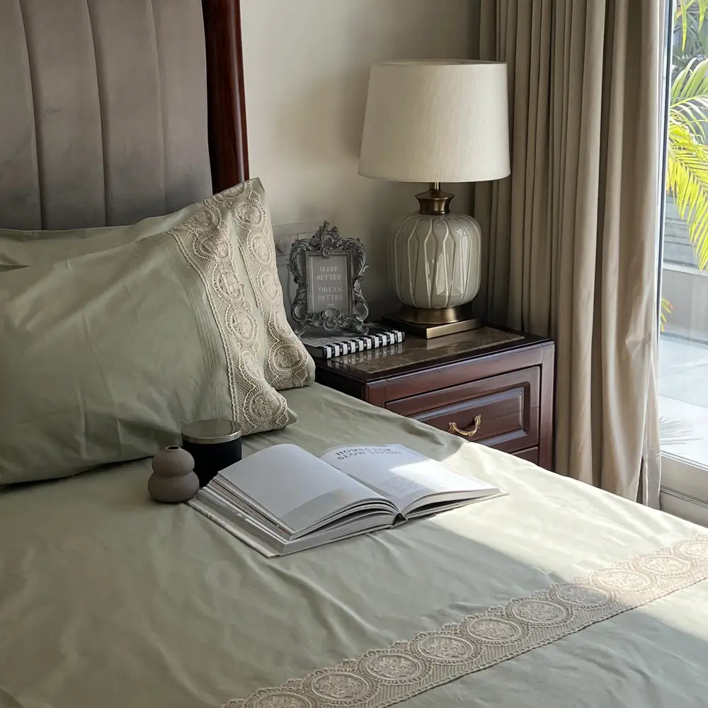 Forest Green Cotton Embroidered Lace Bed Sheet Set