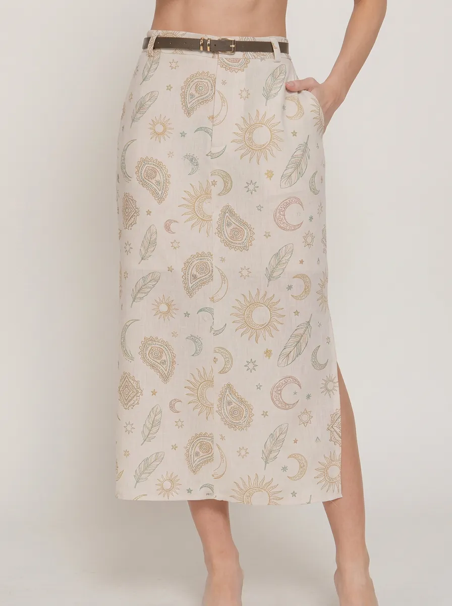 Women's Boho Celestial Paisley Feather Printed Midi Skirt