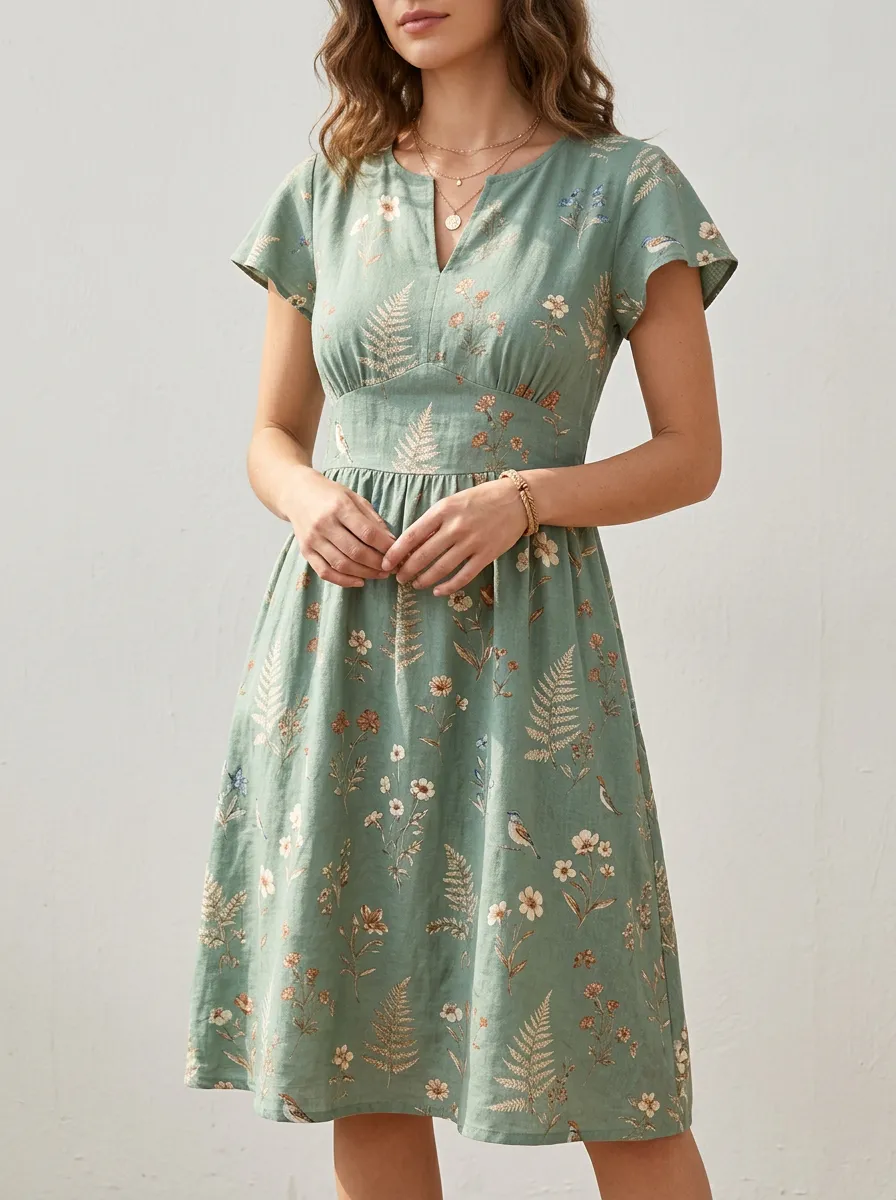 Women's Botanical Fern and Bird Printed V-Neck Dress