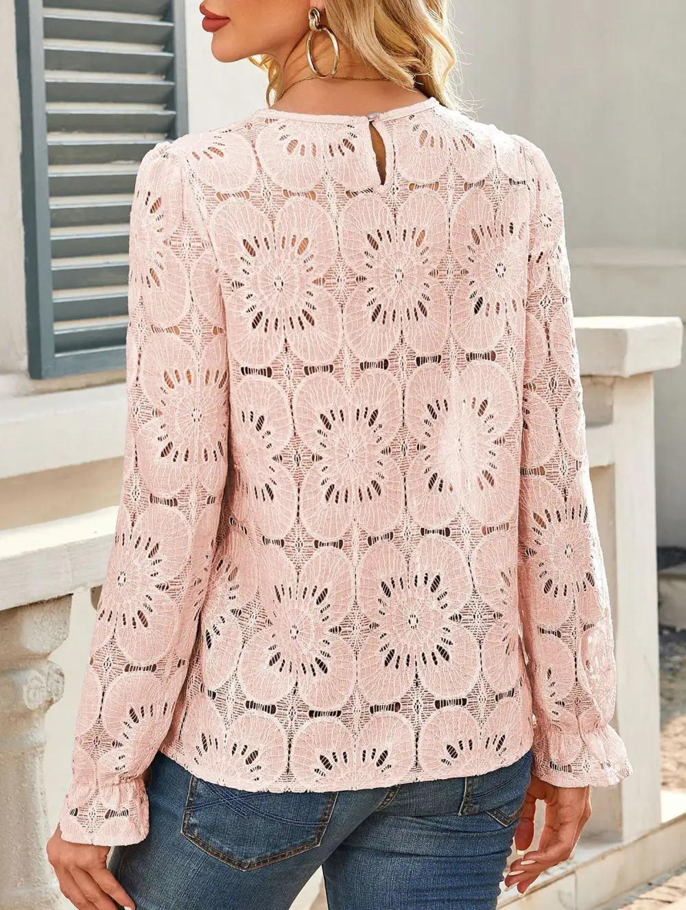Openwork Lace Long Sleeve Blouse