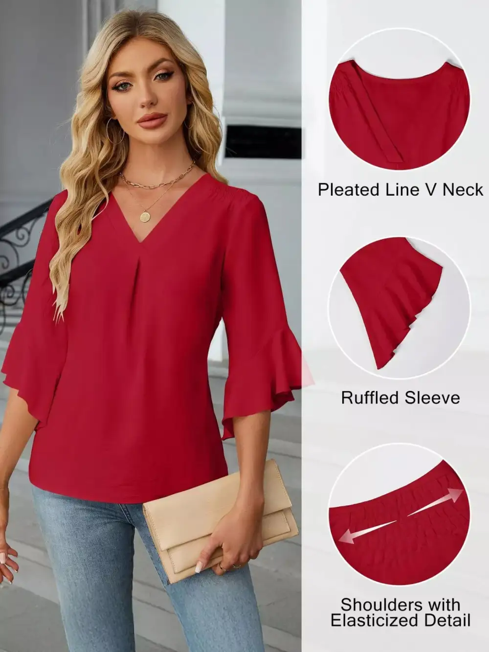 V Neck Ruffle Sleeve Blouse