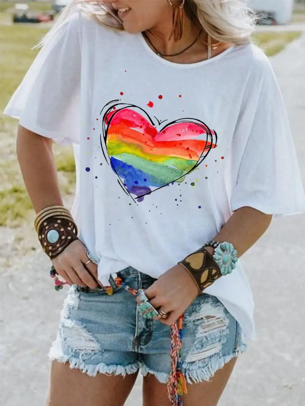 Rainbow Heart Hand-Painted Cotton T-Shirt
