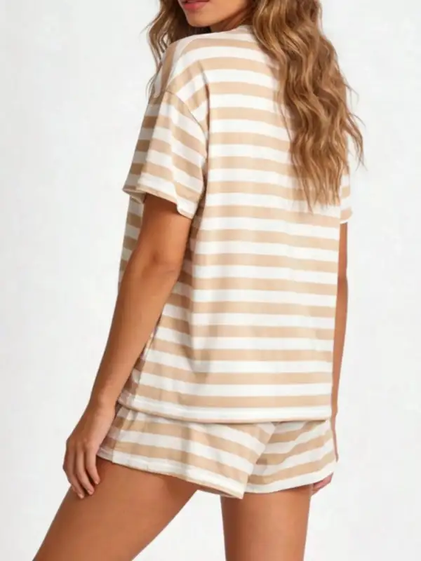 Striped Short Sleeve Tee Drawstring Shorts Set