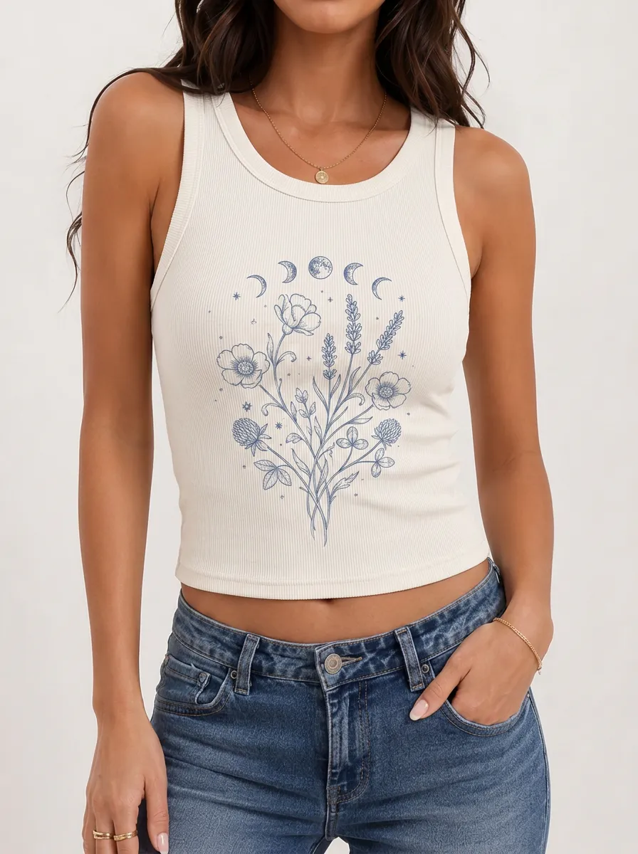 Women's Celestial Floral Moon Phase Printed Ribbed Tank Top