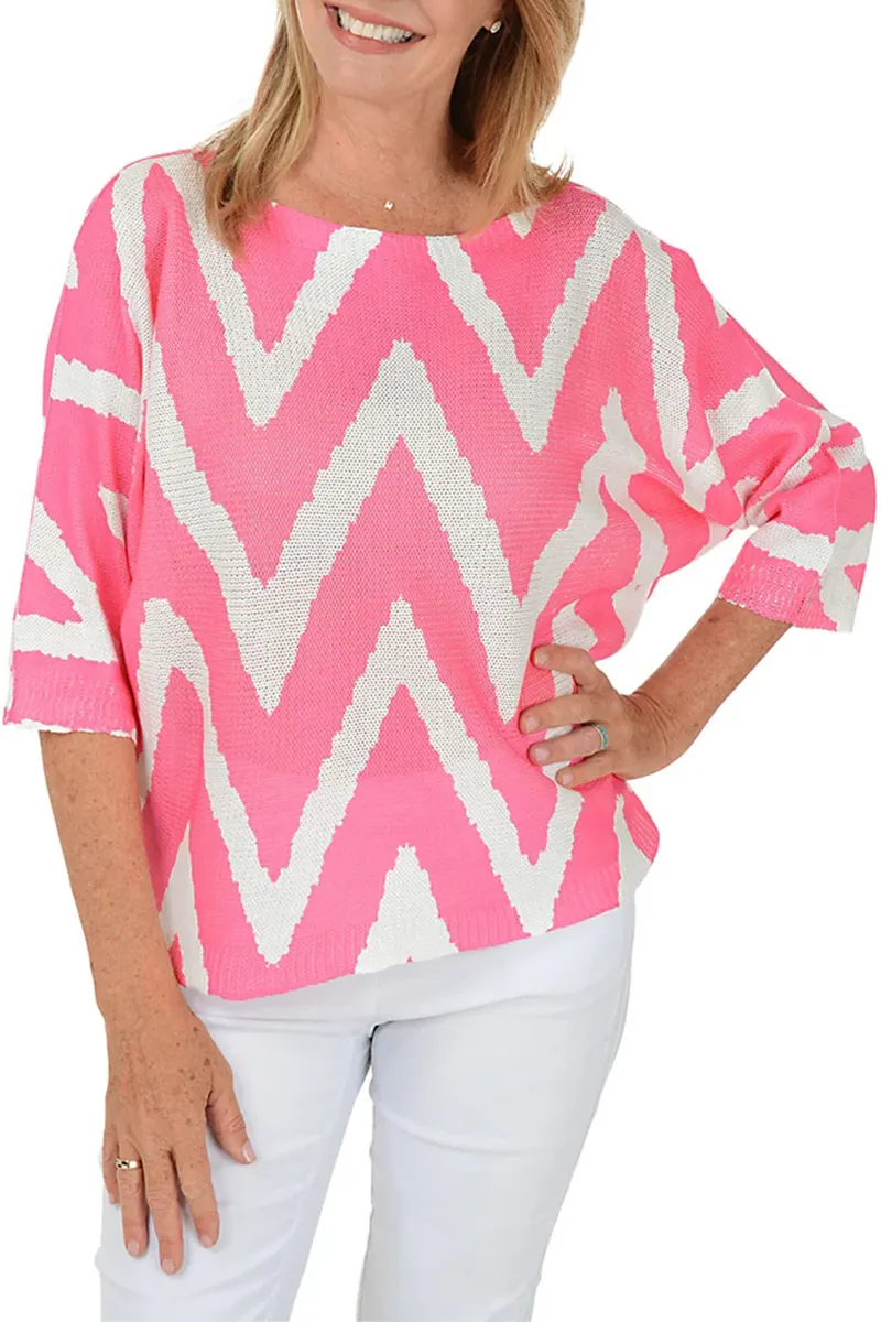 Pink Zig Zag 3/4 Sleeve Lightweight Sweater