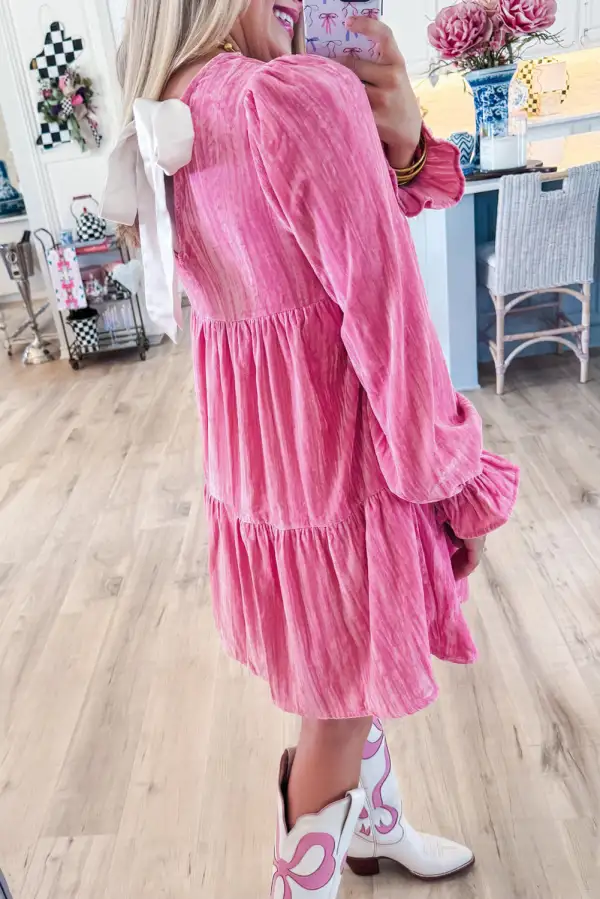 Relaxed Ruffle Trim Tiered Tie Detail Mini Dress