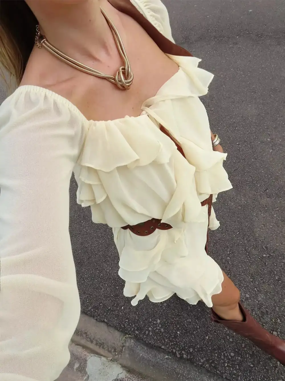 Textured Detail Ruffle Long Sleeve Mini Dress
