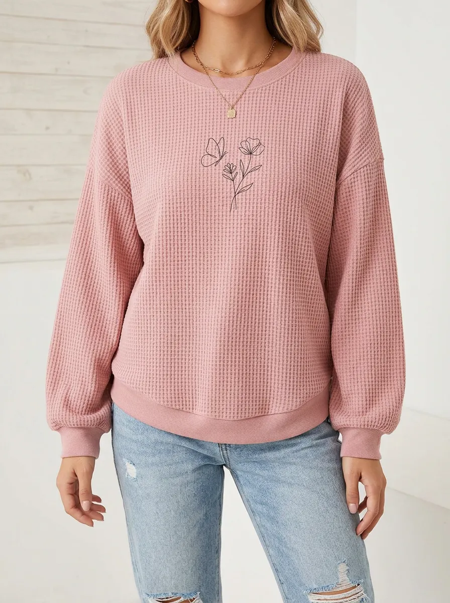 Women's Butterfly Flower Minimalist Line Art Printed Waffle Knit Sweatshirt