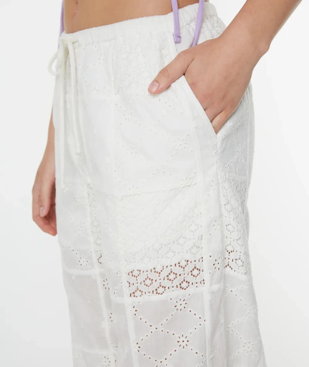 White Semi-Transparent Denim And Ice Silk Patchwork Long Pants