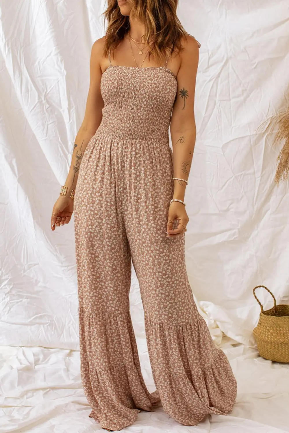 Floral Spaghetti Strap Smocked Wide Leg Accessory