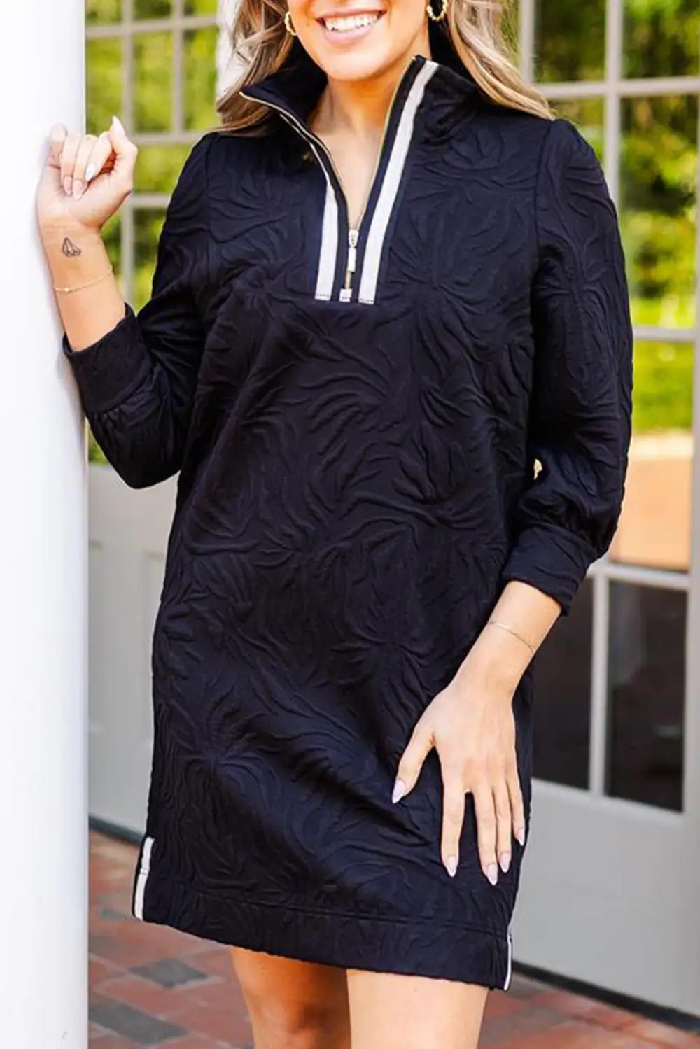 Street Ready Textured Zip Front Shift Mini Dress