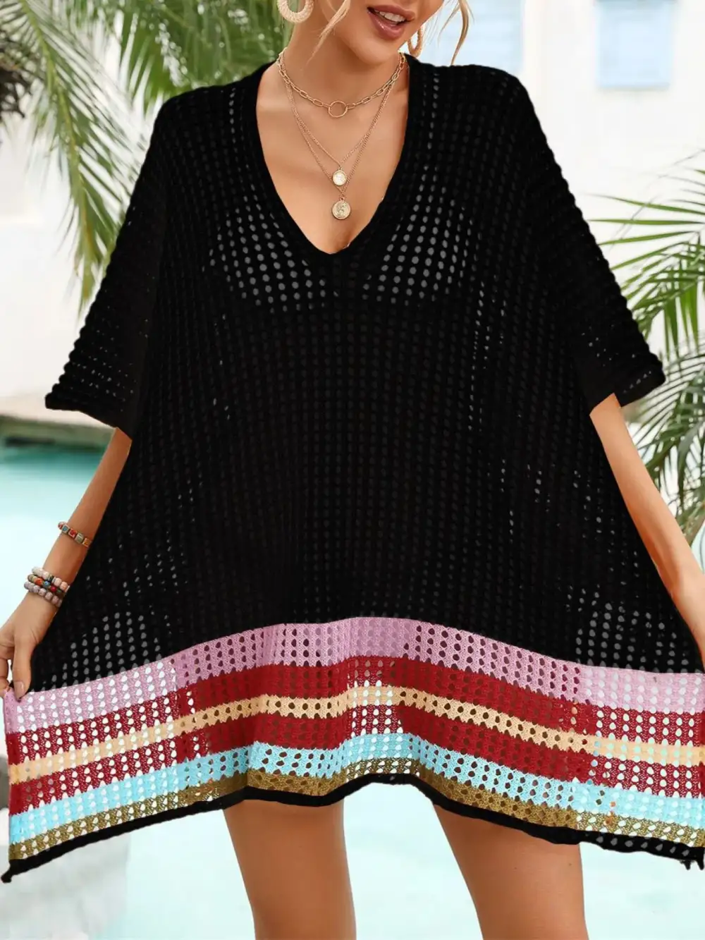 Crochet V Neck Dress Swim Cover Up