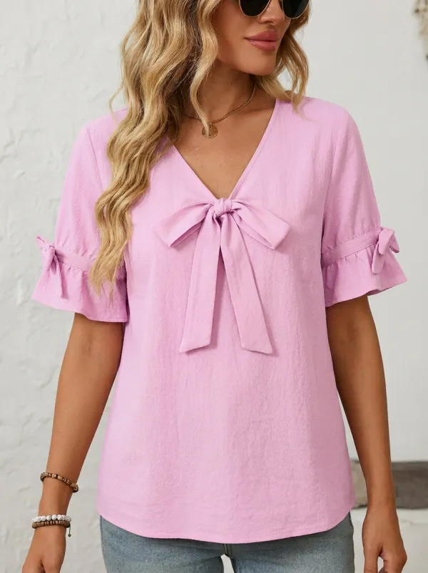 Women's V-neck Bow-detail Ruffle Sleeve Blouse