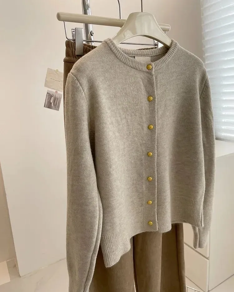 Classic Wool Button-Front Round-Neck Cardigan