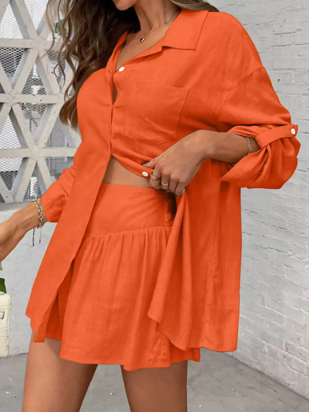 Button Up Roll Up Sleeve Shirt Shorts Set
