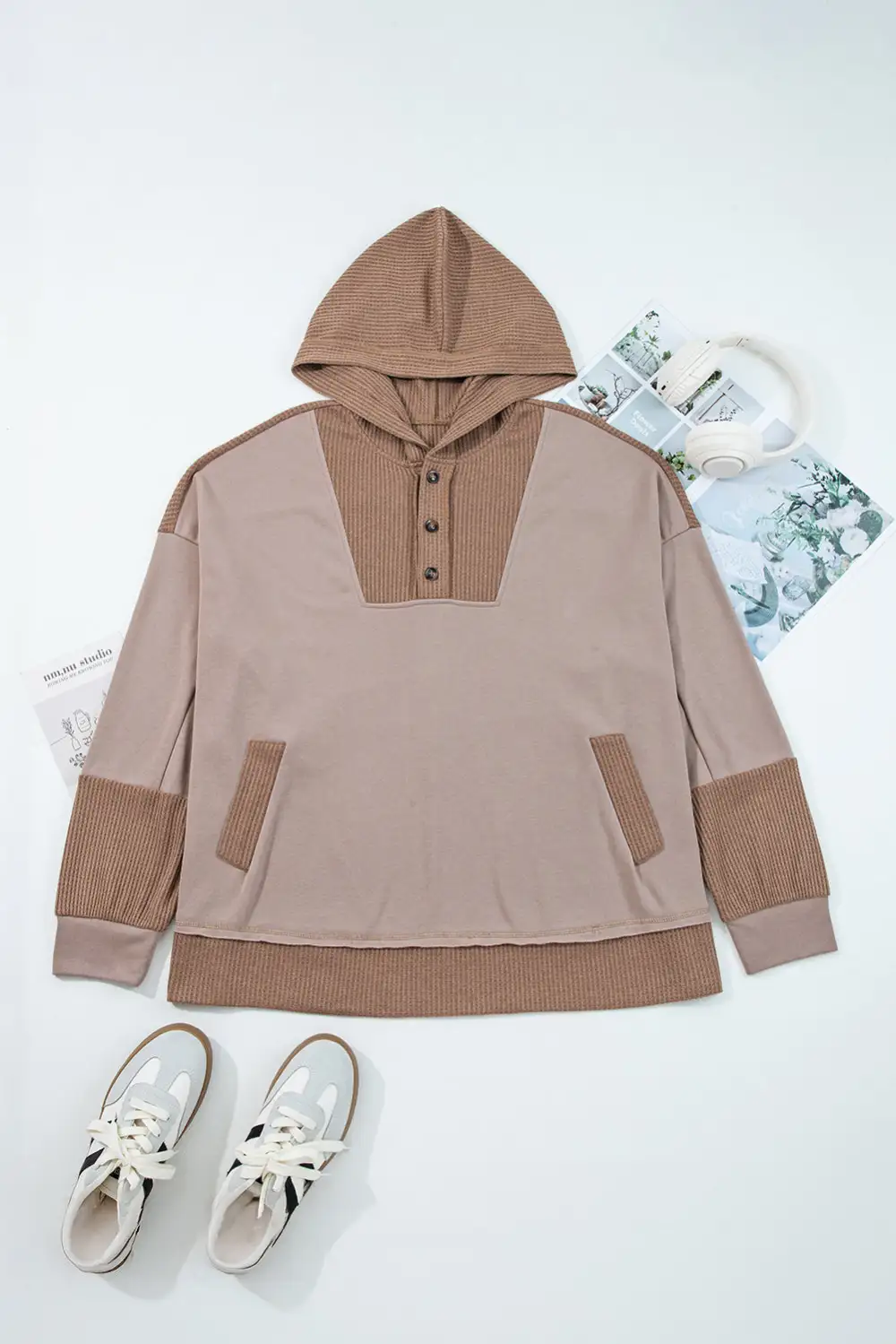 Pocketed Waffle-Textured Knit Patchwork Hoodie