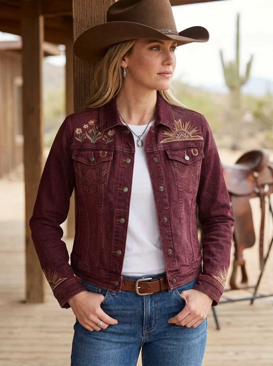 Women's Western Cowgirl Sunset Sun Floral Denim Jacket
