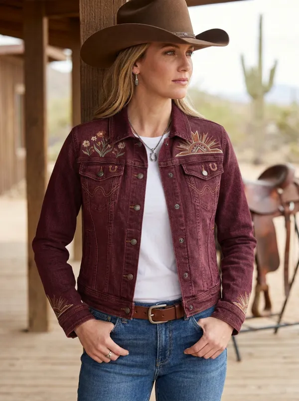 Women's Western Cowgirl Sunset Sun Floral Denim Jacket