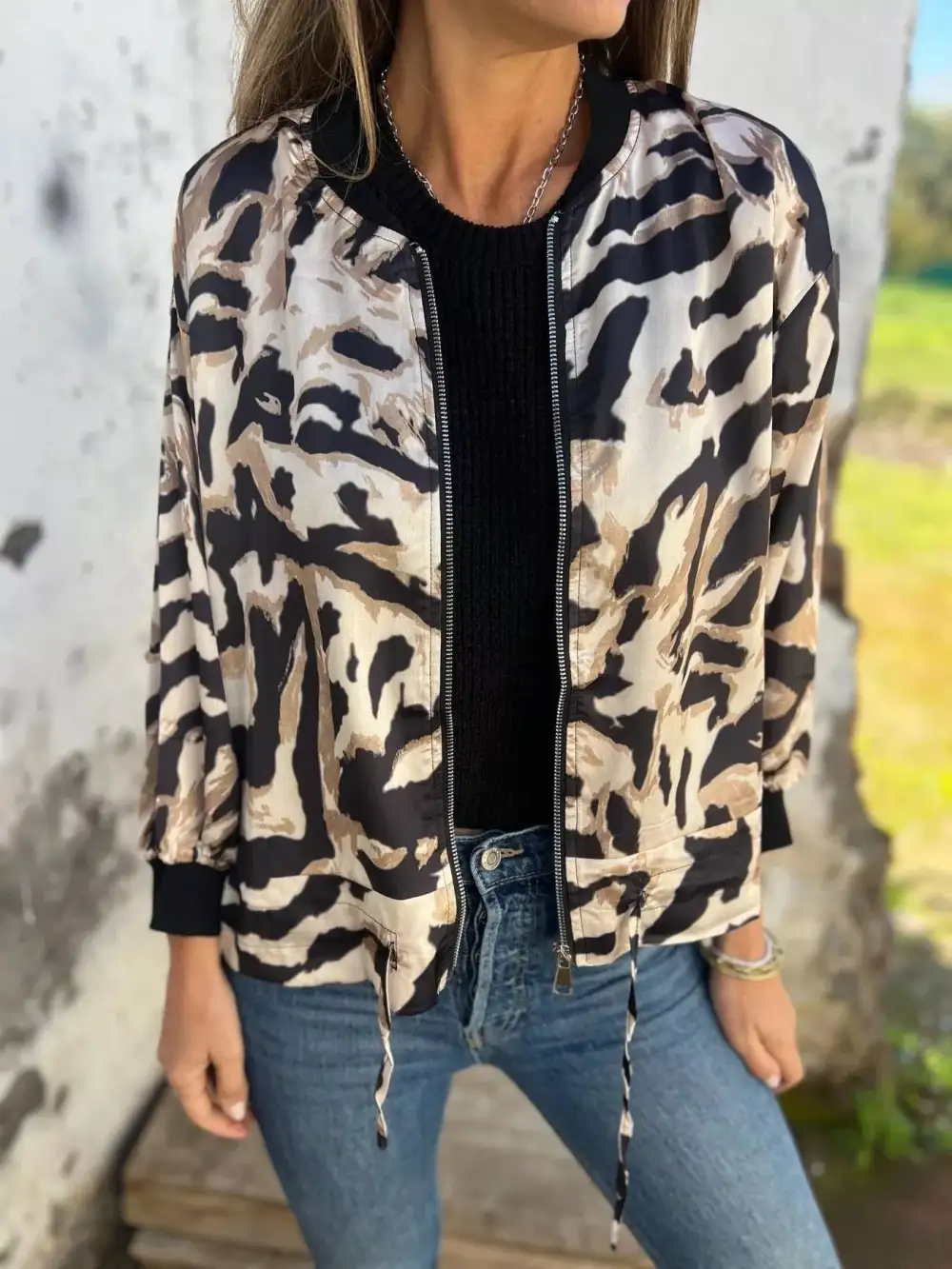 Zip Up Zebra Print Bomber Jacket