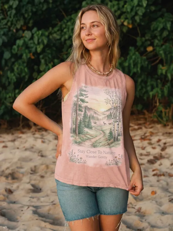 Women's Nature Lover Forest Deer Path Printed Tank Top