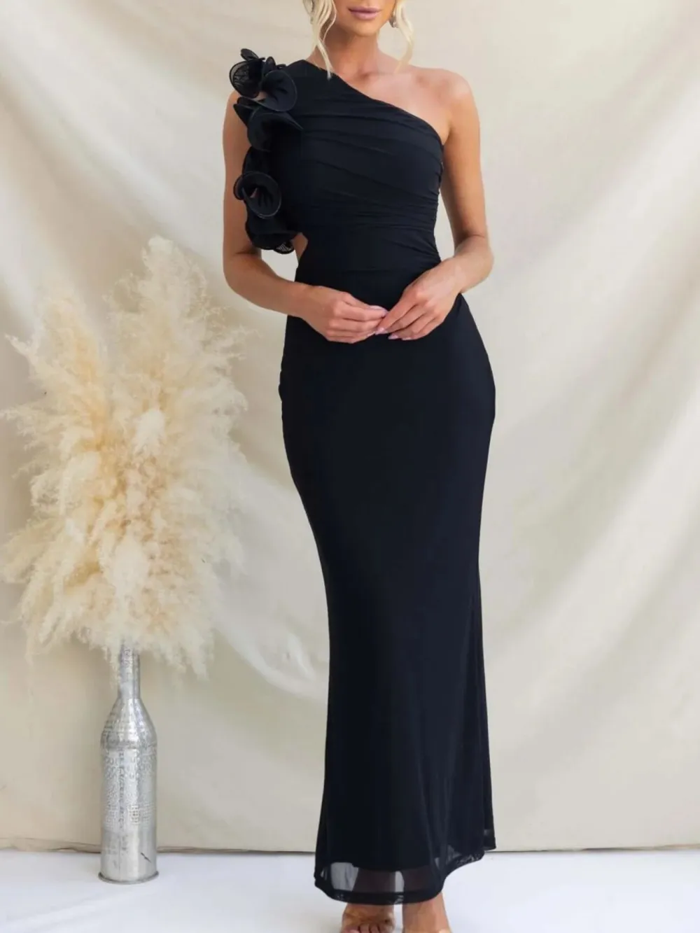 Ruched One-Shoulder Sleeveless Floral Maxi Dress