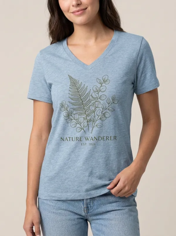 Women's Nature Wanderer Fern Eucalyptus Printed V-neck T-shirt