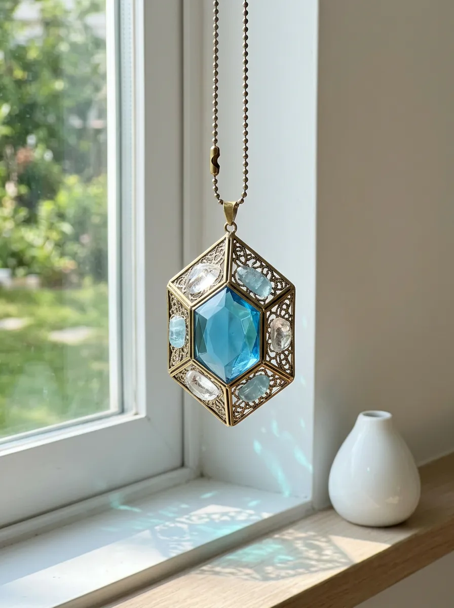 Blue Crystal Geometric Brass Suncatcher Pendant