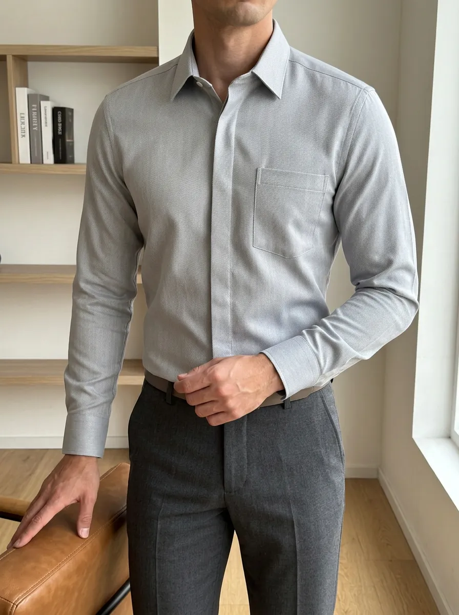 Men's Grey Herringbone Pattern Slim Fit Long Sleeve Shirt
