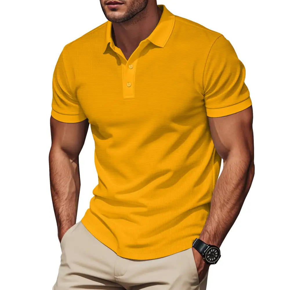 Waffle Texture Button Placket Fitted Polo Shirt