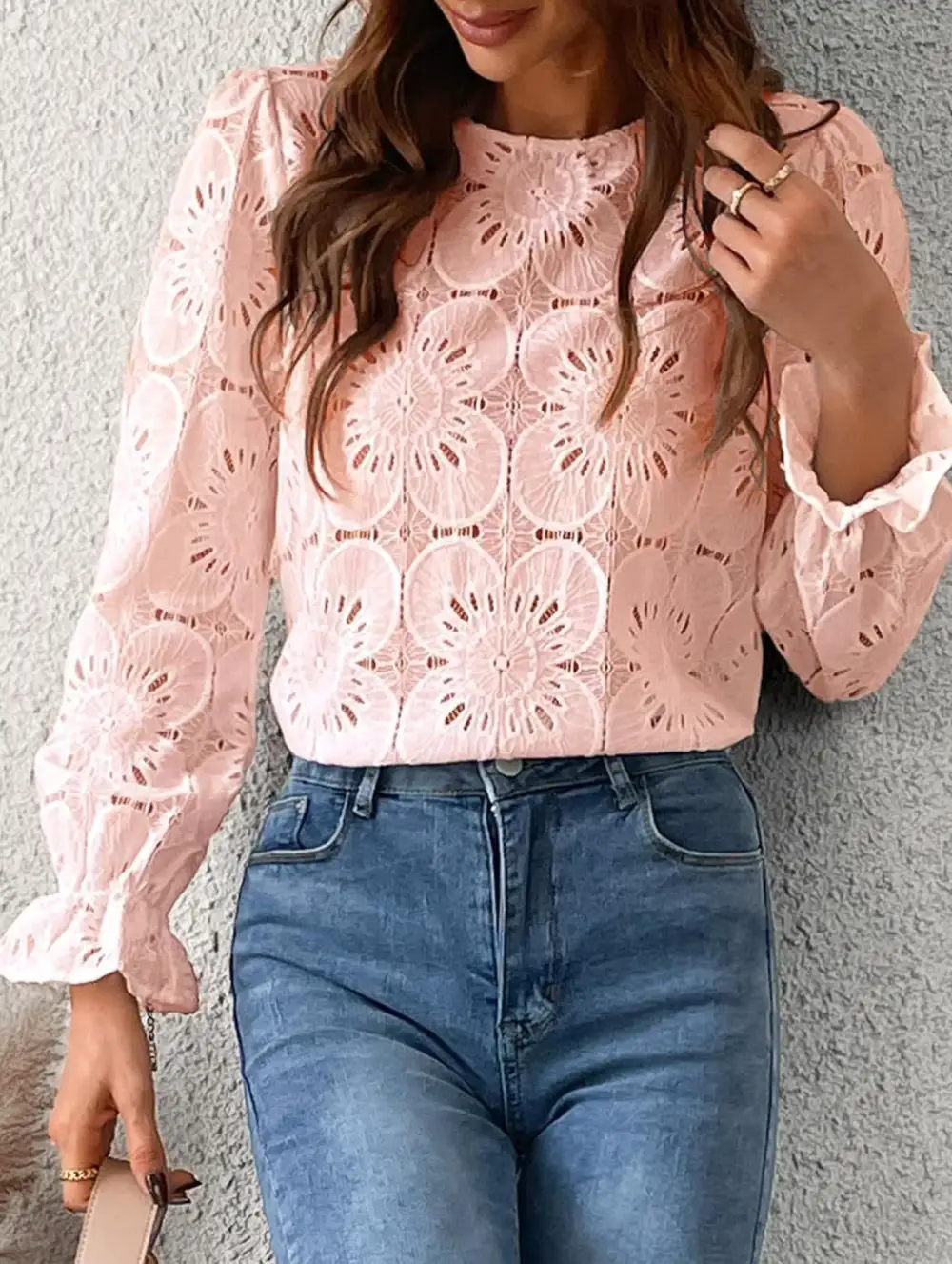 Openwork Lace Long Sleeve Blouse