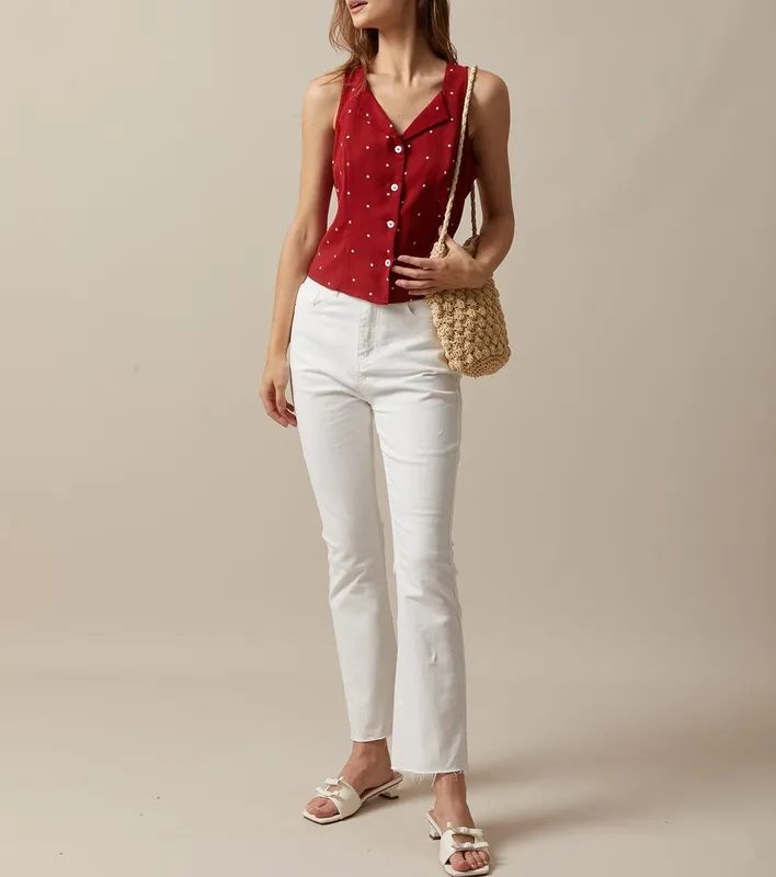 Red V Neck Polka Dot Print Sleeveless Vest