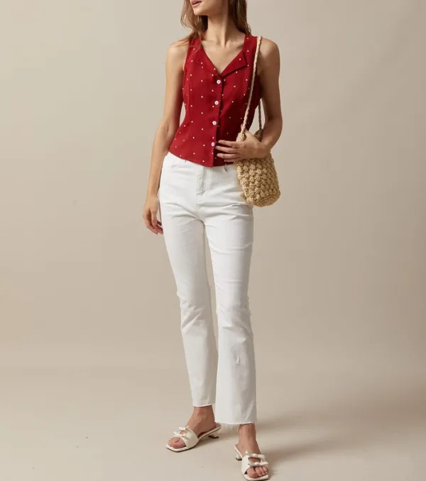 Red V Neck Polka Dot Print Sleeveless Vest