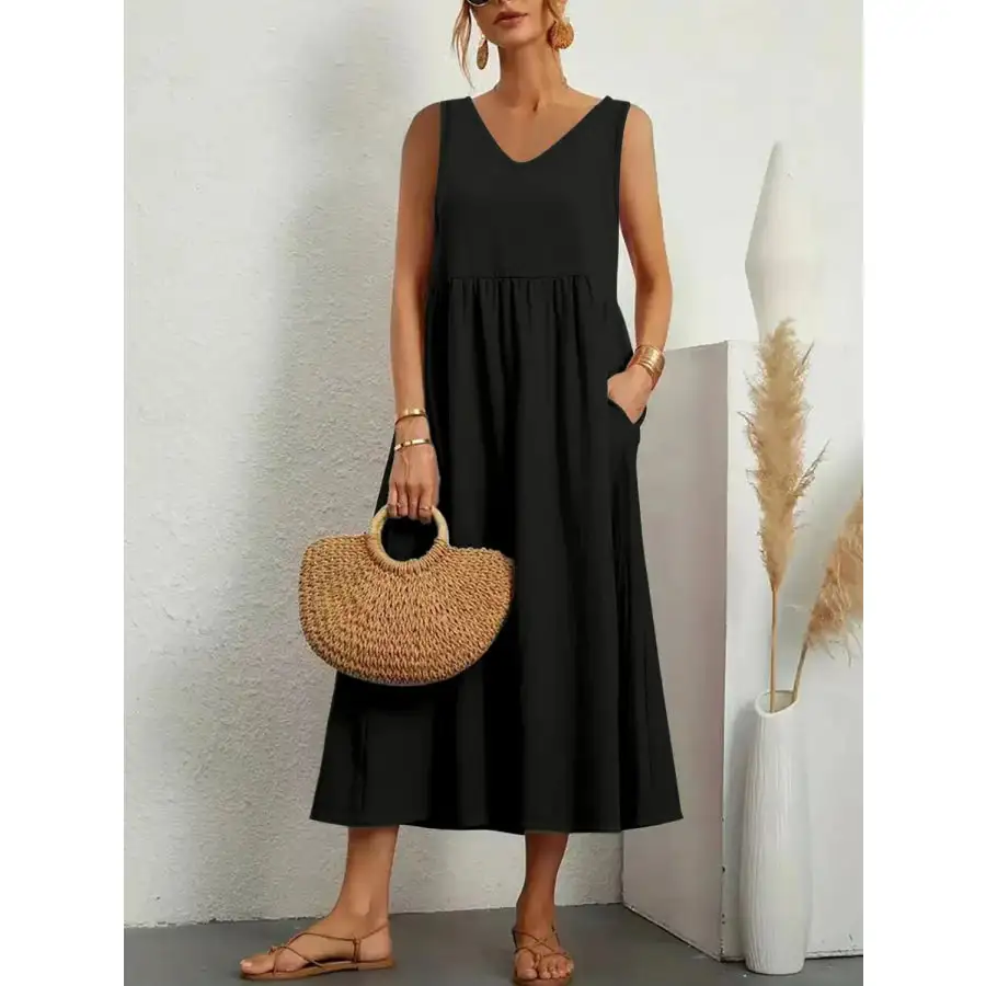 Full Size Pocketed V-Neck Sleeveless Midi Dress Plus Size