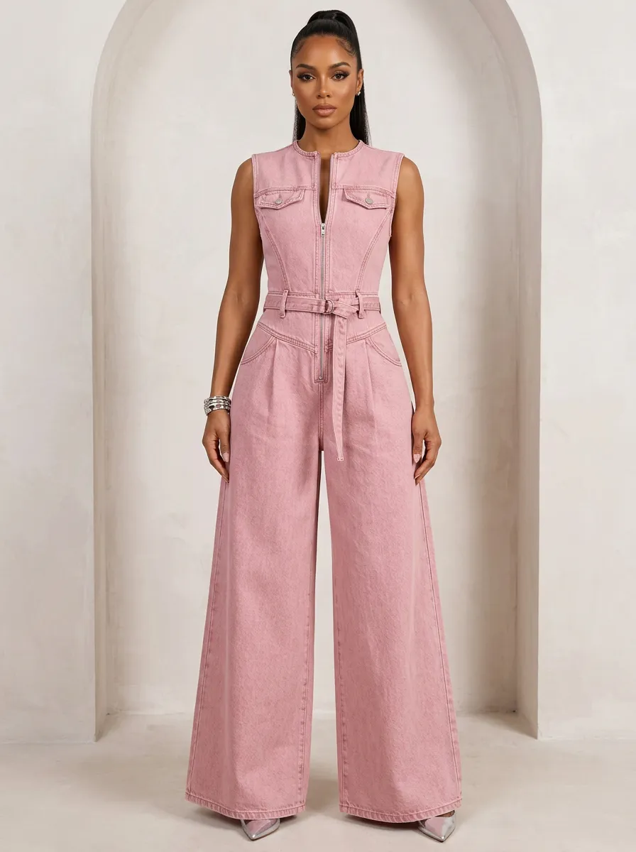 Pink Feminine Sleeveless Zip-Front Denim Jumpsuit