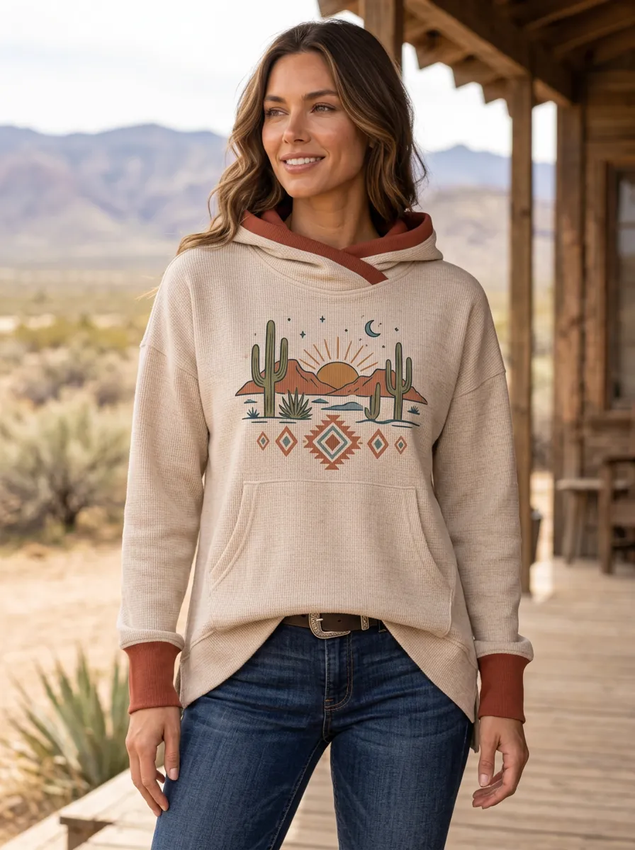 Women's Western Desert Cactus Sunset Geometric Printed Hoodie