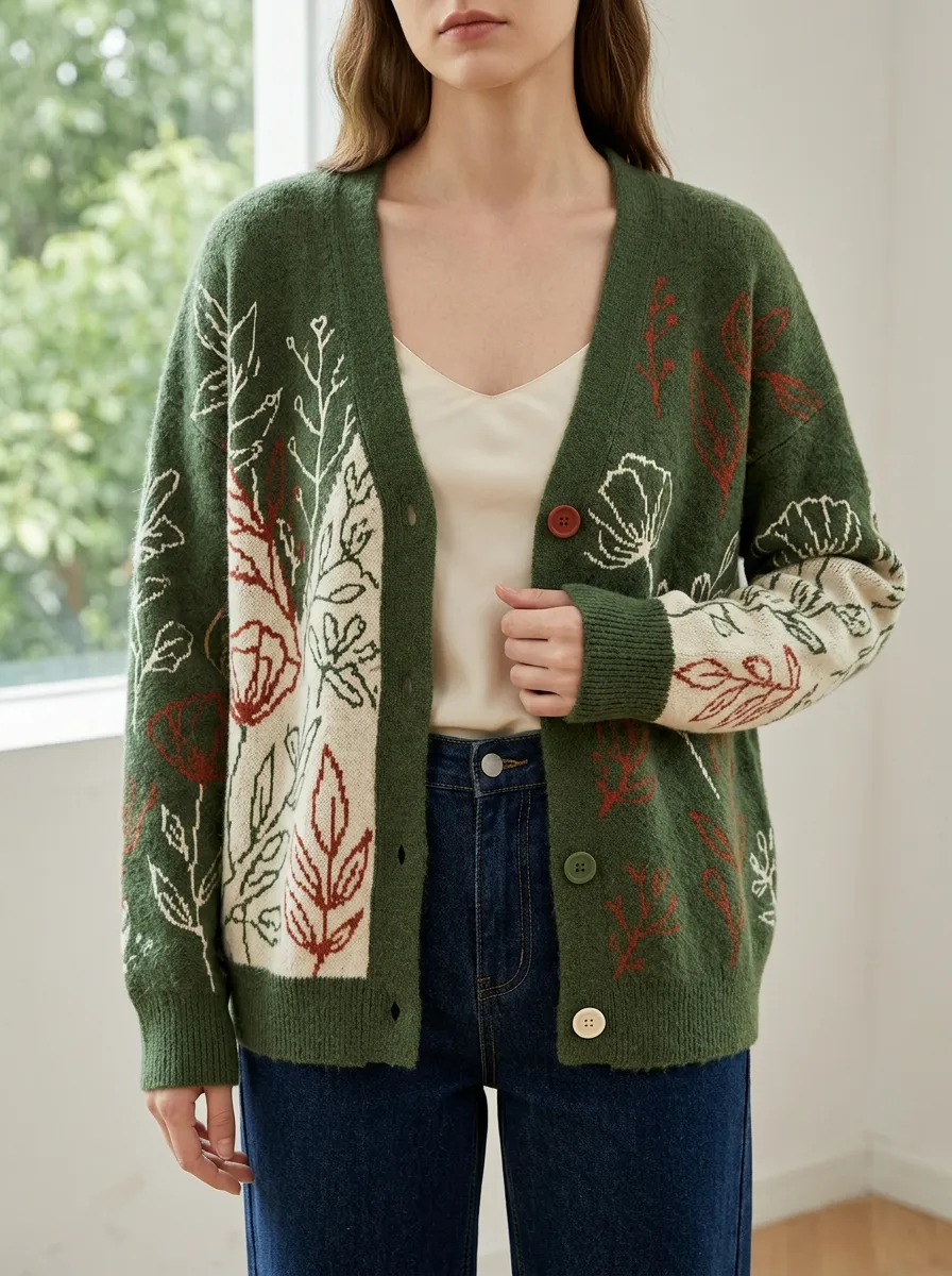 Women's Botanical Nature Lover Floral Printed Dropped Shoulder Easygoing Layering Cardigan