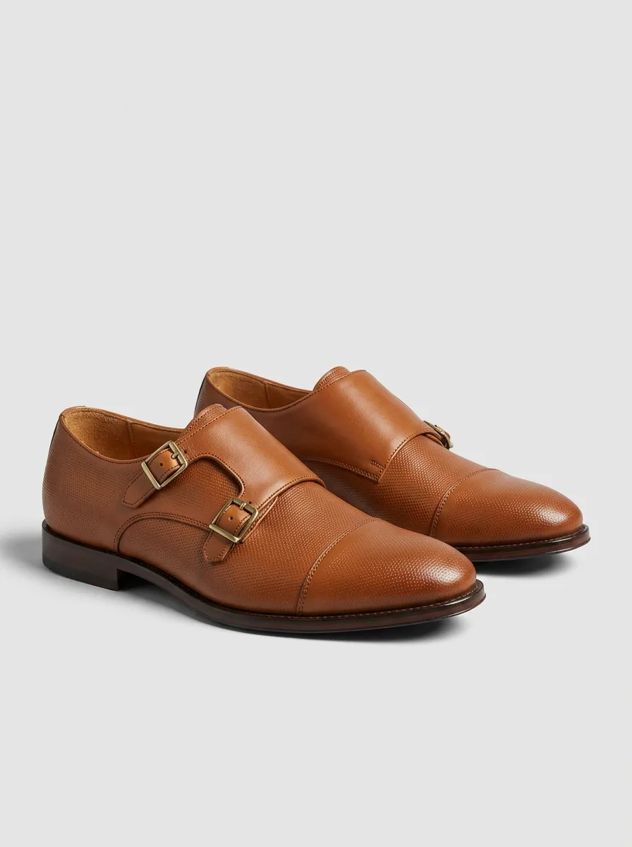 Men's Modern Business Formal Textured Leather Double Monk Strap Shoes