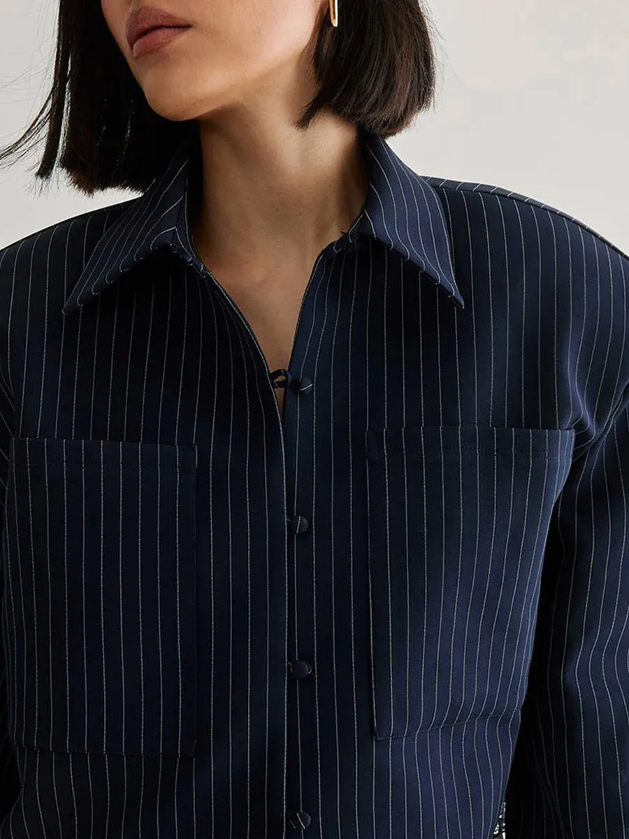 Women's Navy Striped & Lace-Paneled Cropped Shirt