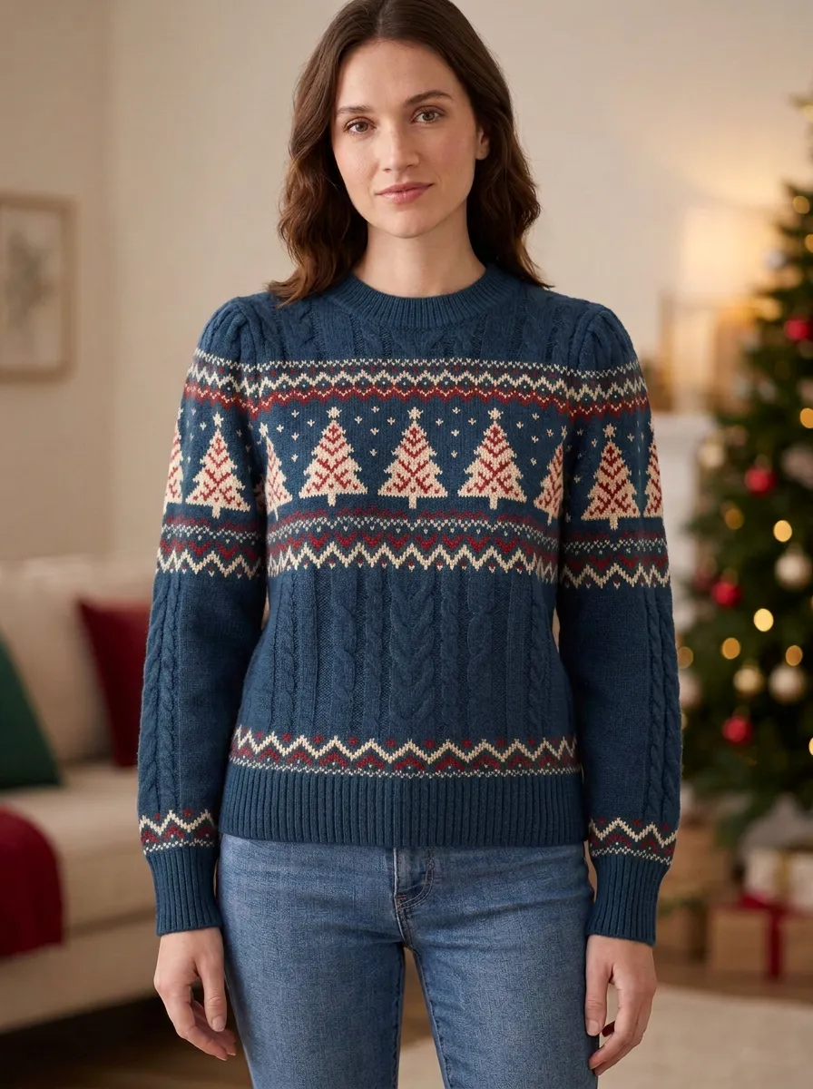 Christmas Holiday Fair Isle Pine Tree Pattern Knitted Sweater