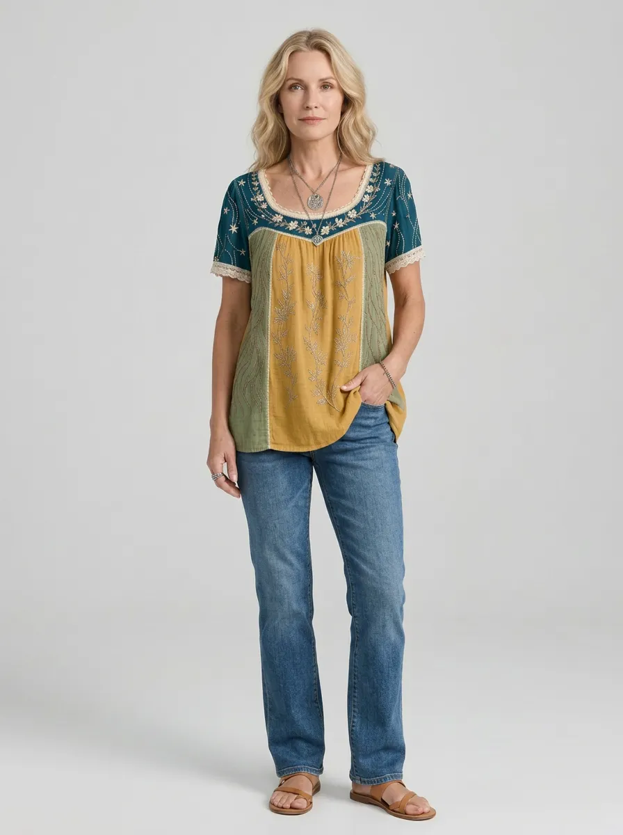 Women's Boho Floral Star Embroidered Printed Short Sleeve T-shirt