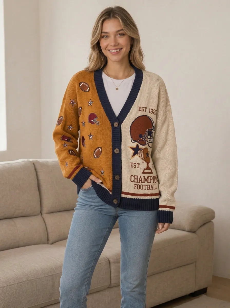 Women's Graphic Gridiron Helmet Trophy Ball Knit Cardigan