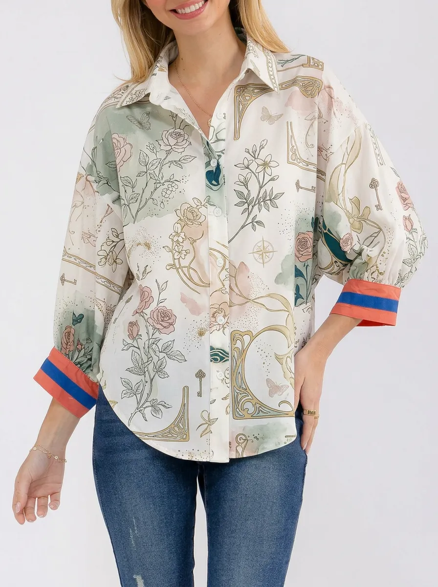 Women's Vintage Floral Key Butterfly Printed Button-up Shirt