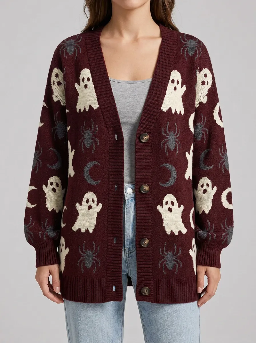 Women's Halloween Ghost Spider Moon Pattern Knitted Cardigan