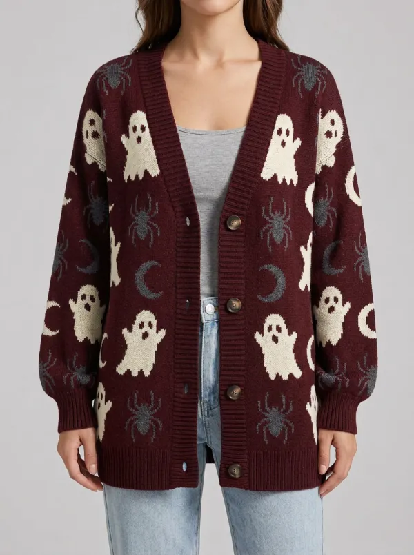 Women's Halloween Ghost Spider Moon Pattern Knitted Cardigan