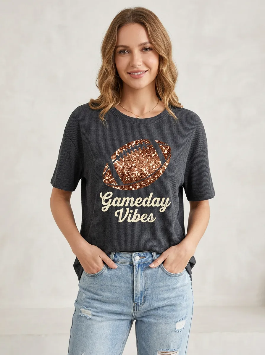 Women's Relaxed Football Ball Sparkle Crew Neck Graphic T-Shirt