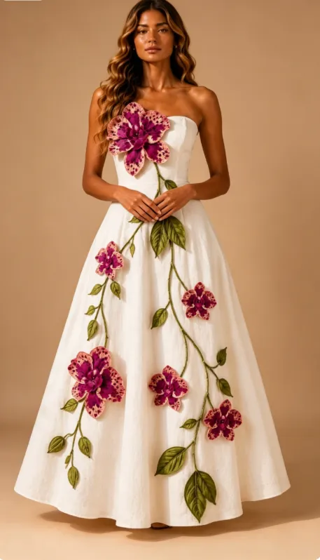Ophelia Strapless Botanical Embroidered A-Line Dress