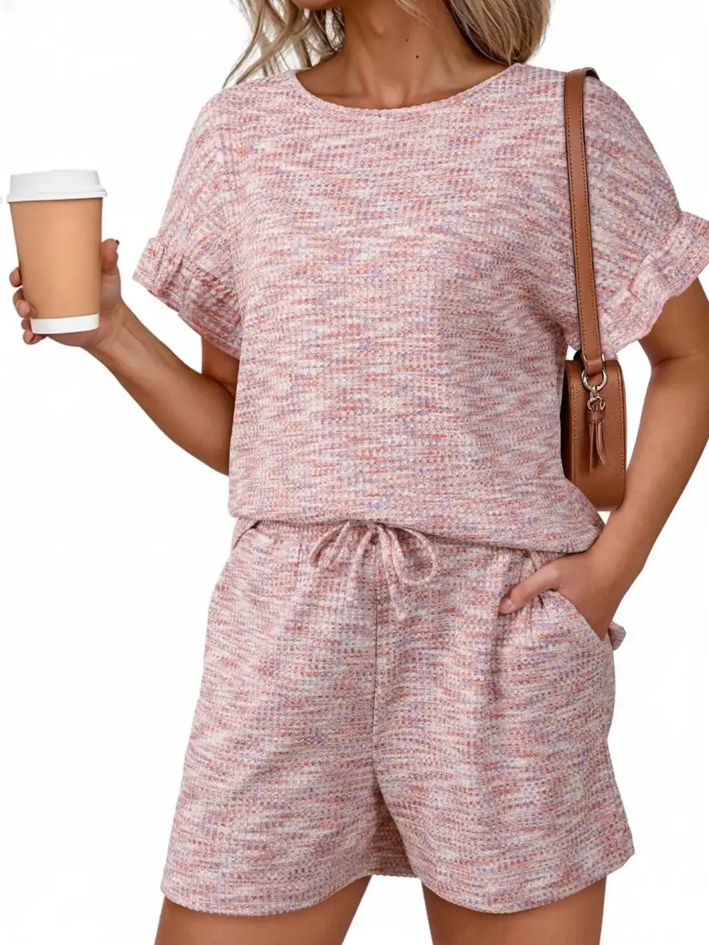 Ruffle Sleeve Textured Top Shorts Set